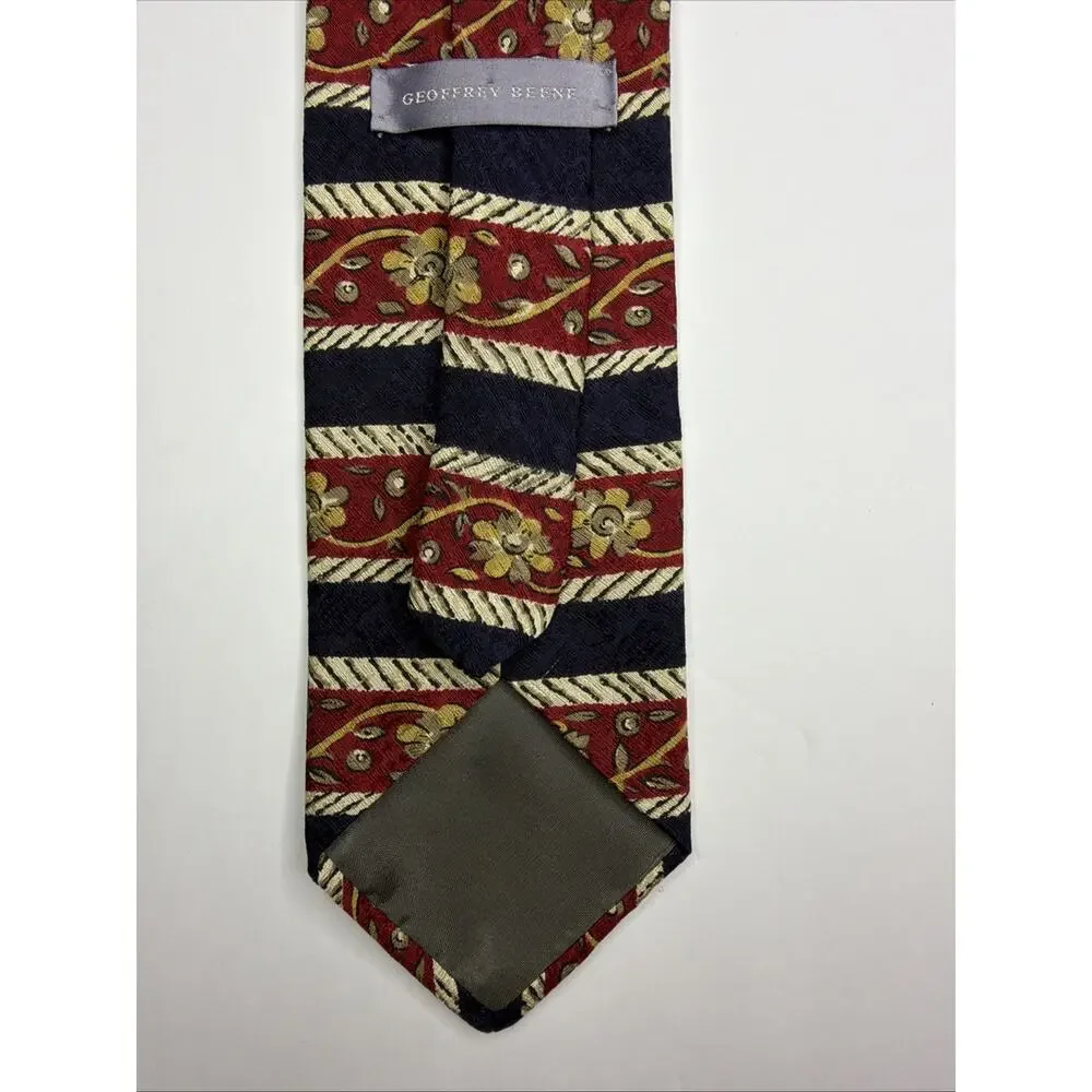 Geoffrey Beene Men's Tie 100% Silk Red Gold Blue Floral Striped Necktie USA